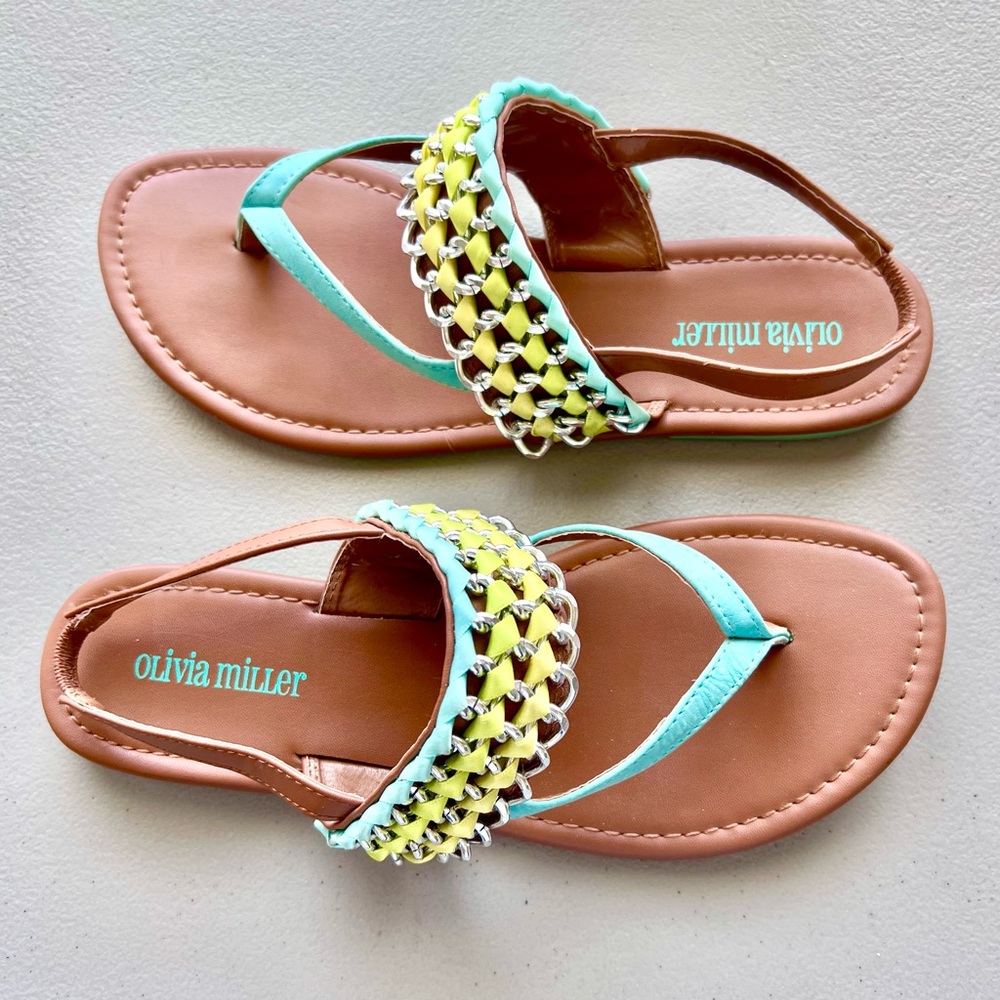 Olivia Miller Aqua Lime and Shiny Silver Flat Sandals - Excellent Condition